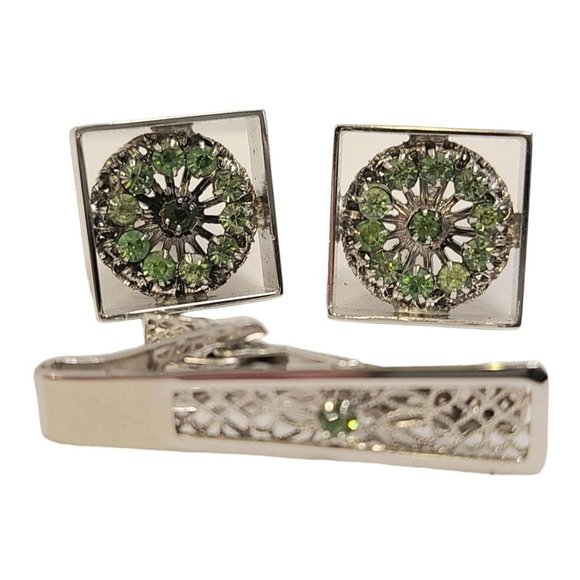 Stunning Vintage Cufflinks And Tie Pin Green Rhinestone Silvertone Alstein‎ Box - Picture 2 of 16